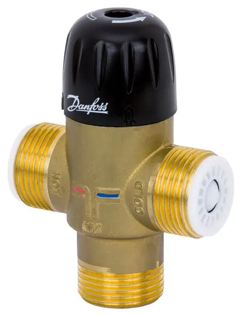 Mischventil von Danfoss mit drei Anschlüssen, einem verstellbaren oberen Teil und gekennzeichneten Eingängen für heißes und kaltes Wasser.